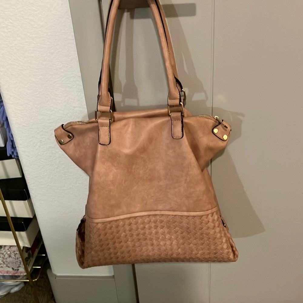 Tan  Faux Leather Satchel  with Shoulder Strap